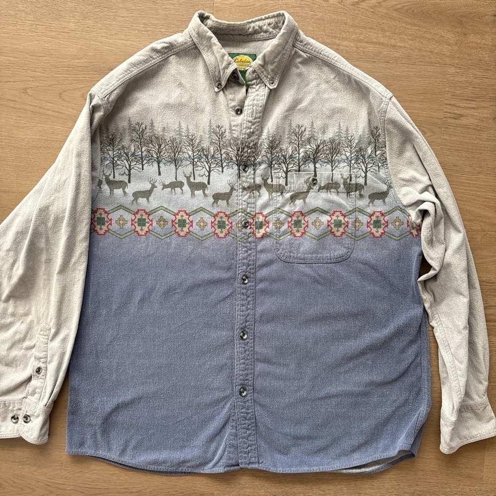 Cabela's Nature Pattern Gray and Blue Shirt